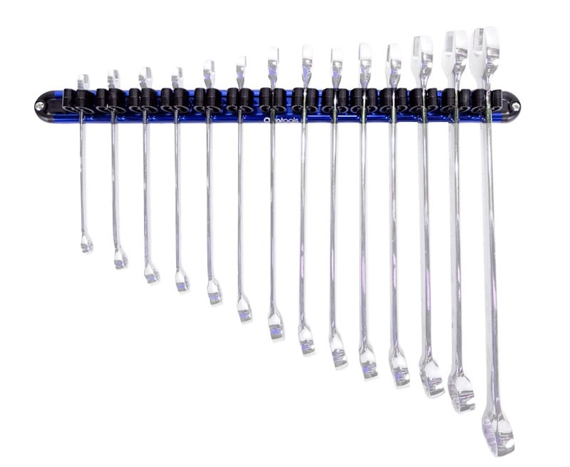 Olsa Tools Wall Mount Wrench Organizer - Rotating Clip Rack for 14 Wrenches - Blue Anodized Aluminum with Black Clips - Space Saving Tool Holder - Professional Grade Storage Solution - Part: 1029 - Image 1